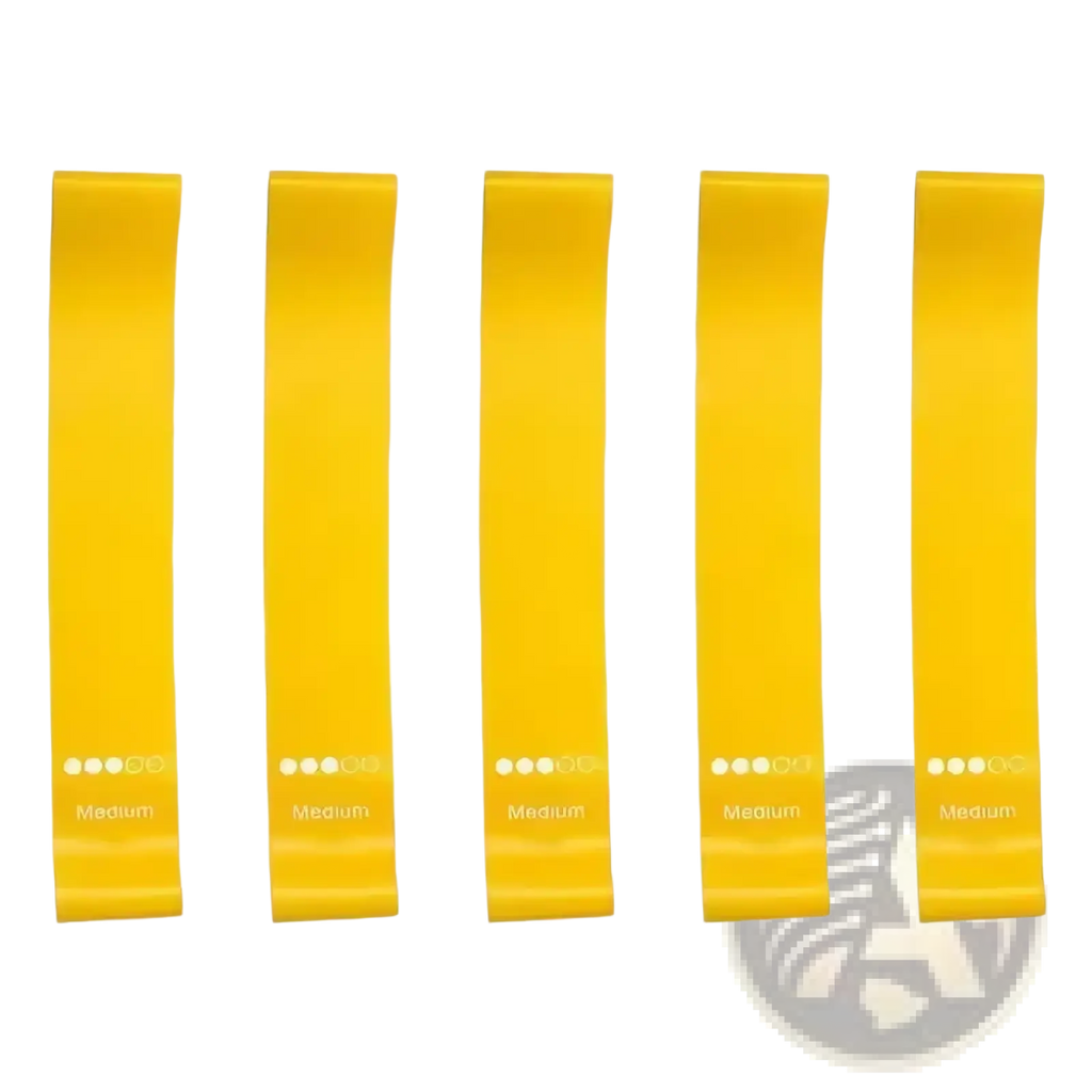 Five bright yellow medium resistance gradient resistance bands set for workout with printed labels and resistance level dots