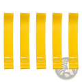 Five bright yellow medium resistance gradient resistance bands set for workout with printed labels and resistance level dots