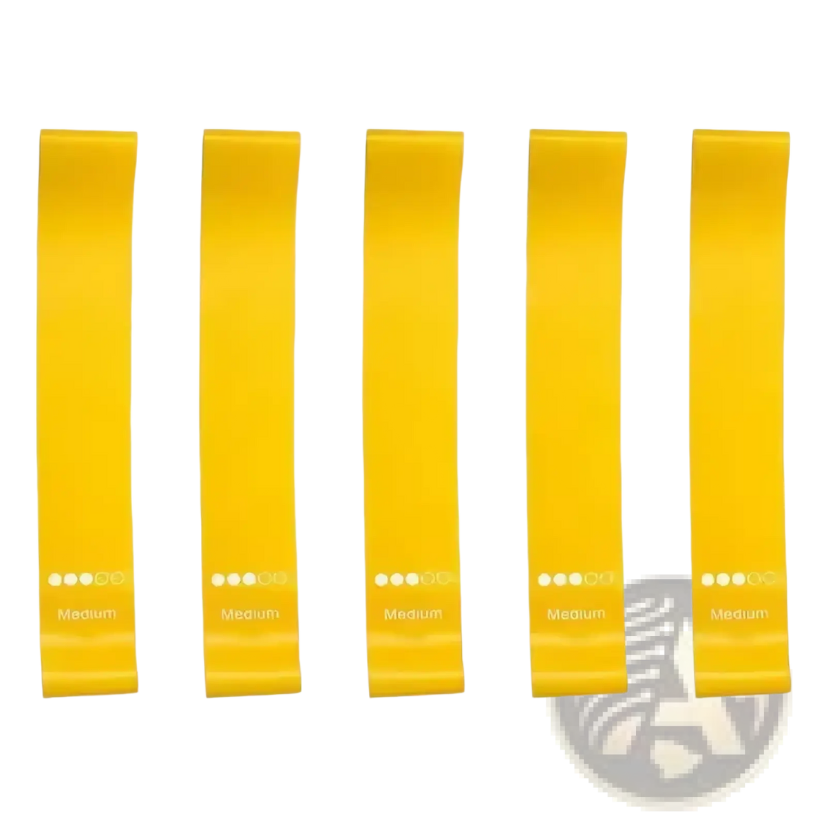 Five bright yellow medium resistance gradient resistance bands set for workout with printed labels and resistance level dots