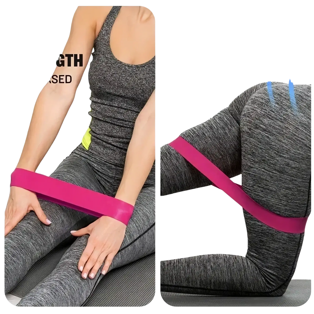 Bright pink gradient resistance band made of elastic material worn around hips and thighs for workout exercises