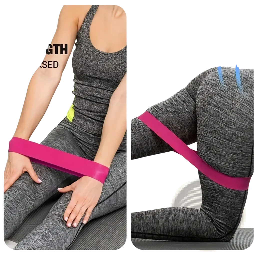 Bright pink gradient resistance band made of elastic material worn around hips and thighs for workout exercises