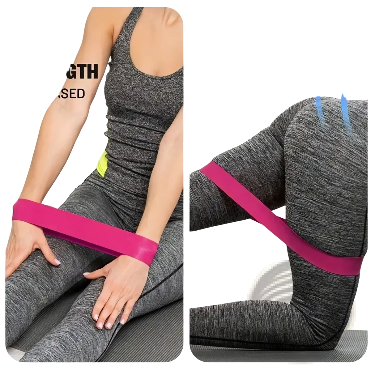 Bright pink gradient resistance band made of elastic material worn around hips and thighs for workout exercises
