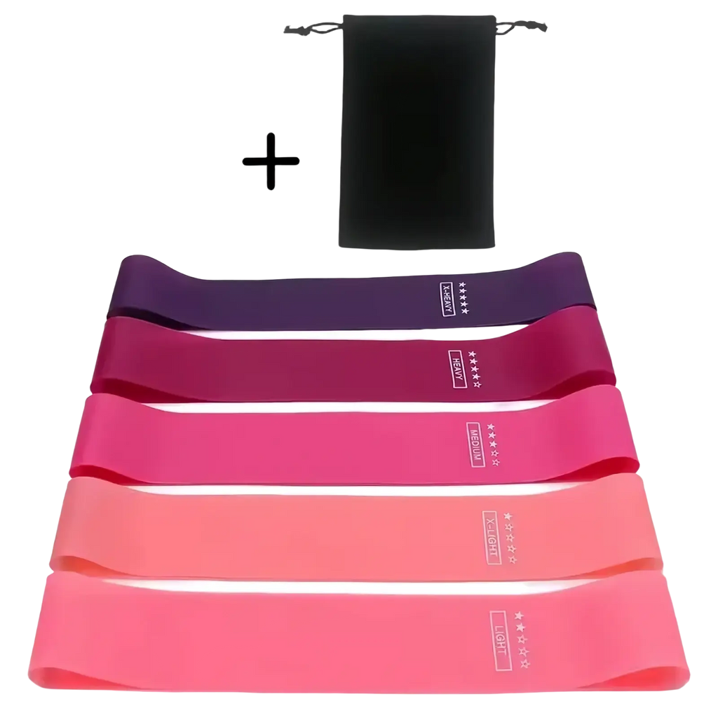 Set of five gradient pink to purple latex resistance bands with labeled difficulty levels and black storage pouch for workouts