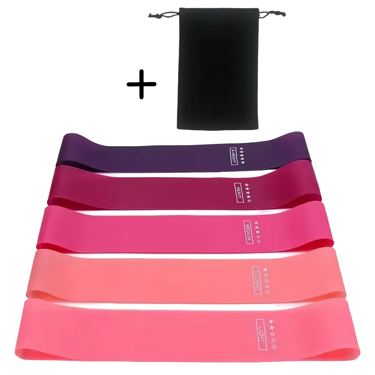 Set of five gradient pink to purple latex resistance bands with labeled difficulty levels and black storage pouch for workouts