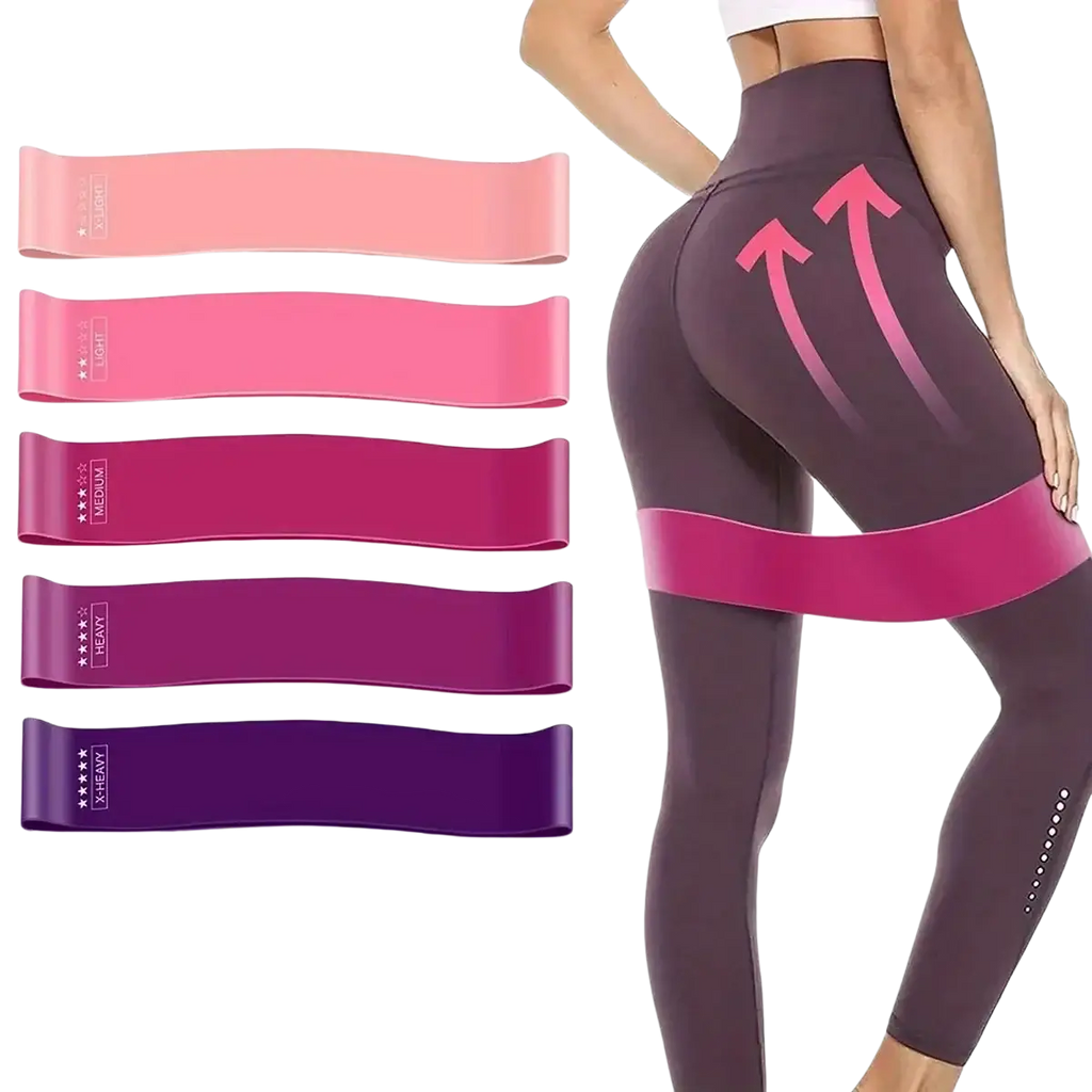 Set of five gradient pink to purple resistance bands with star ratings for light medium and heavy workout levels