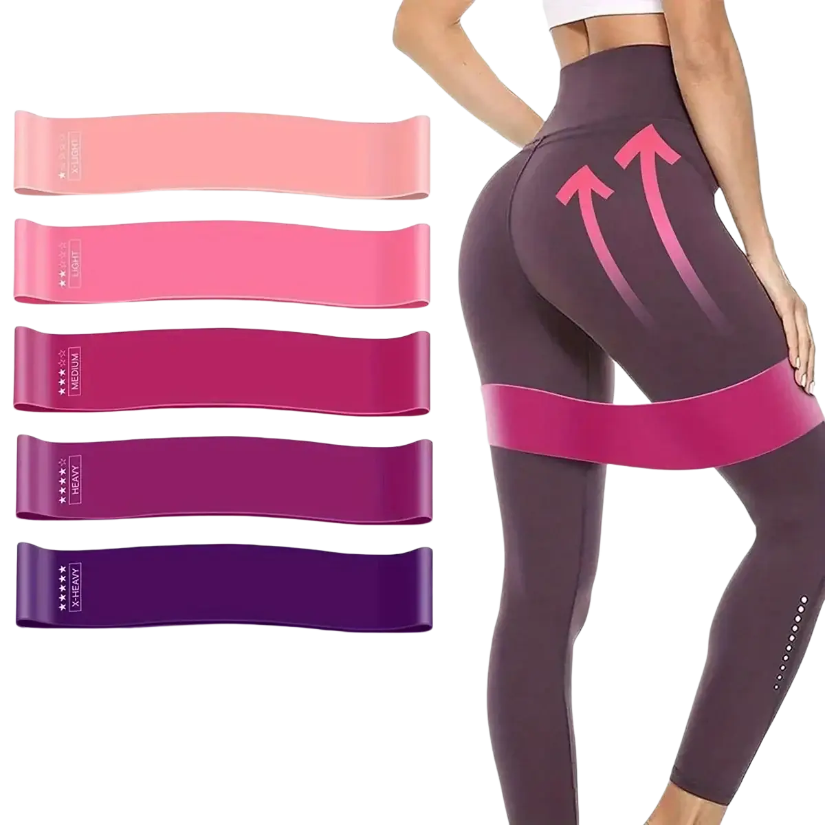 Set of five gradient pink to purple resistance bands with star ratings for light medium and heavy workout levels