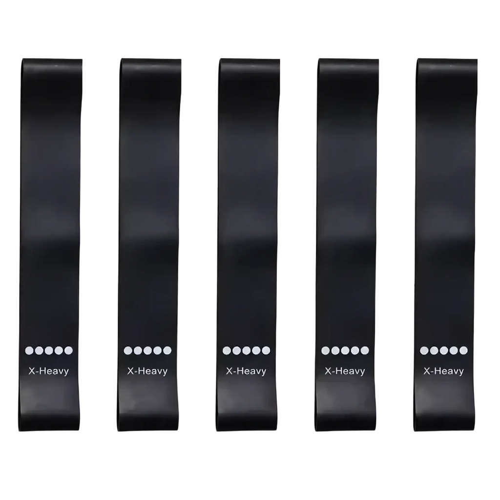 Set of five black x-heavy gradient resistance bands with white dot tension markings for workout and strength training