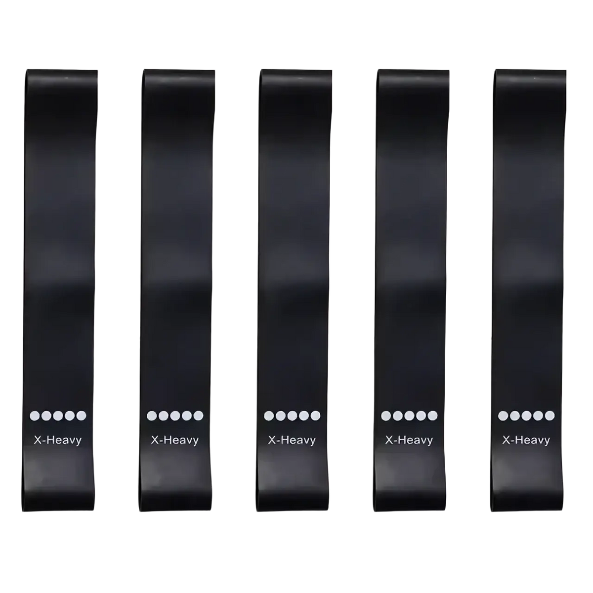 Set of five black x-heavy gradient resistance bands with white dot tension markings for workout and strength training