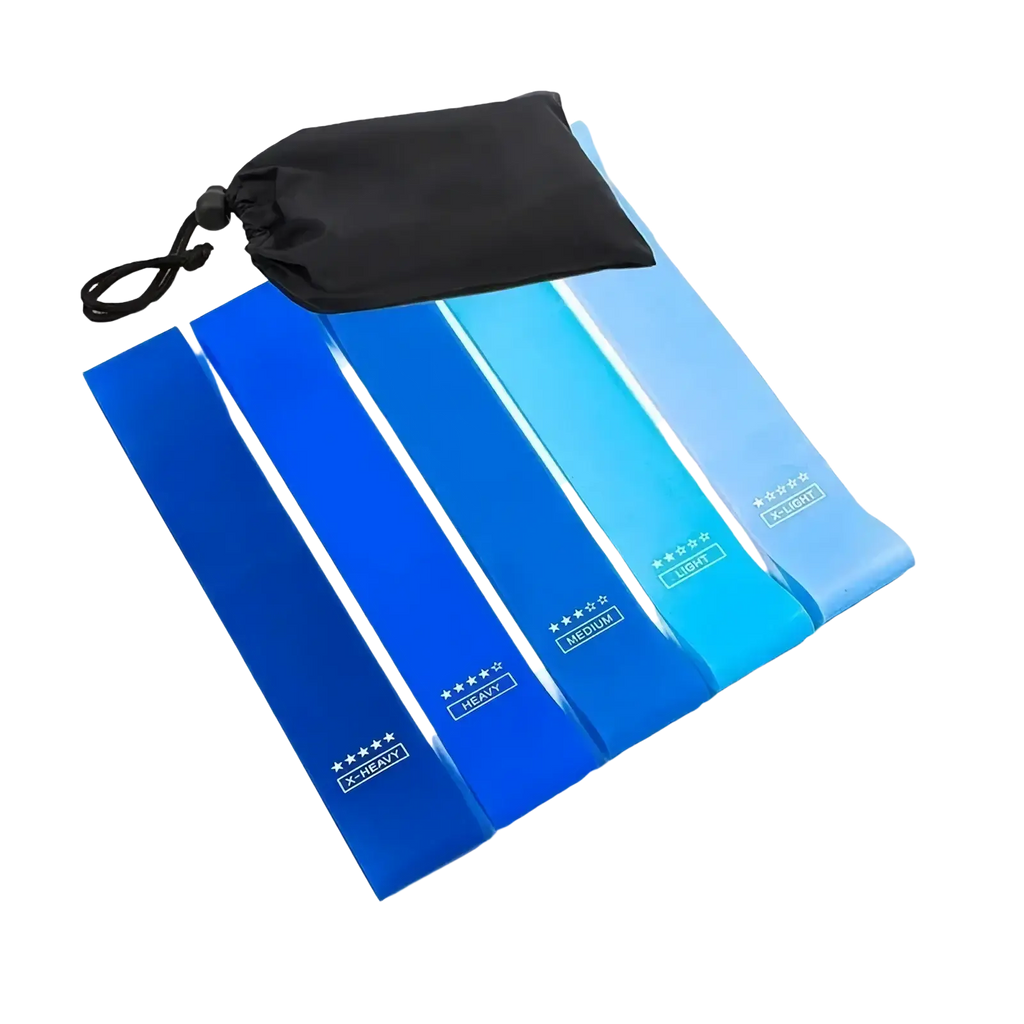 Gradient resistance bands set featuring five blue latex bands in varying intensities with a black storage bag for workouts