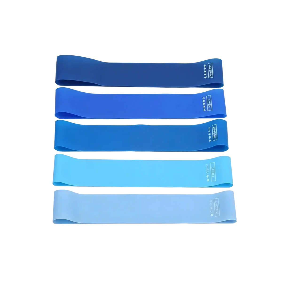Gradient resistance bands set showing five blue latex bands with distinct intensity levels for workout use