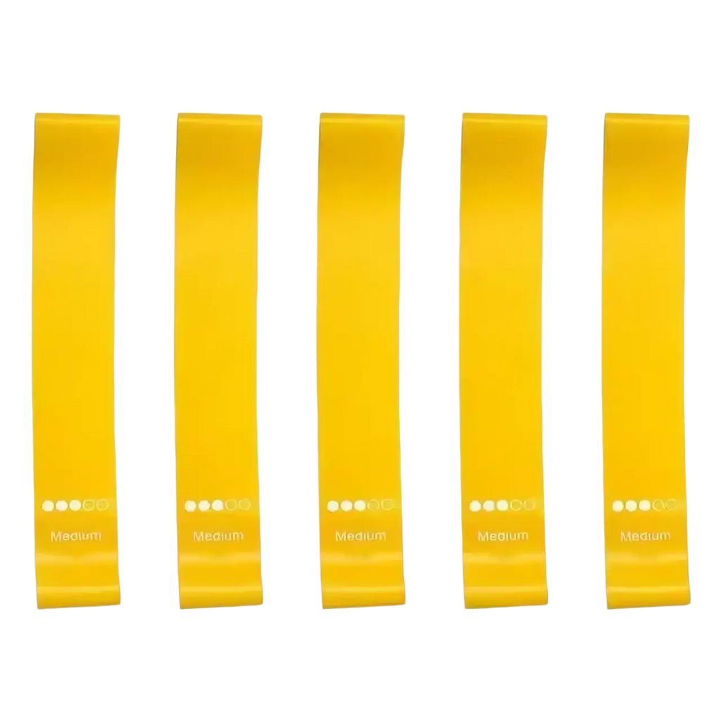 Five bright yellow medium resistance gradient resistance bands set for workout with printed labels and resistance level dots