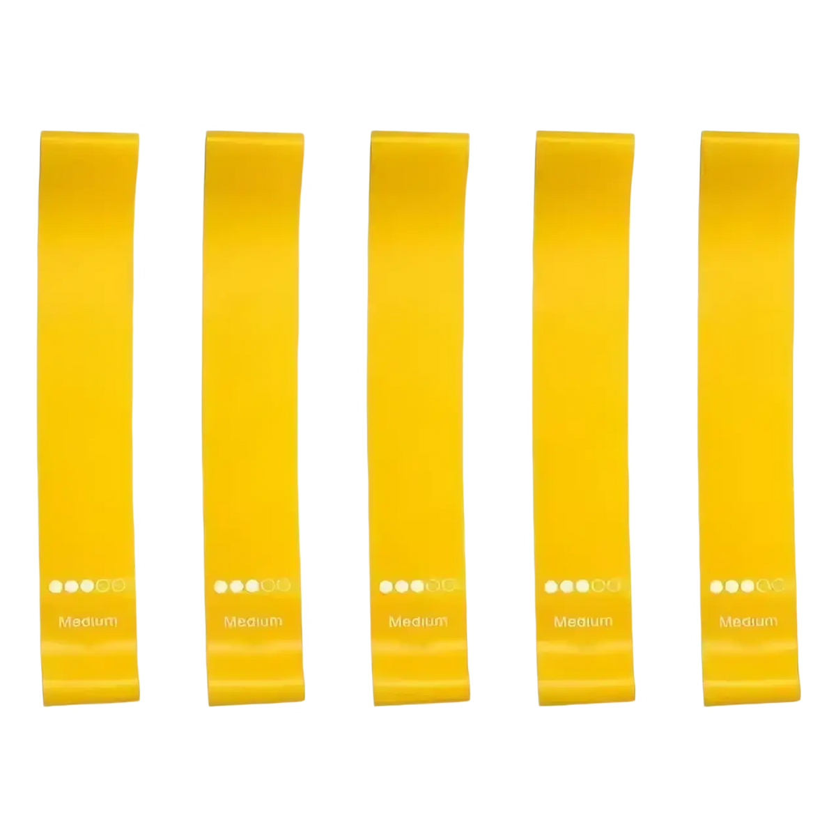 Five bright yellow medium resistance gradient resistance bands set for workout with printed labels and resistance level dots