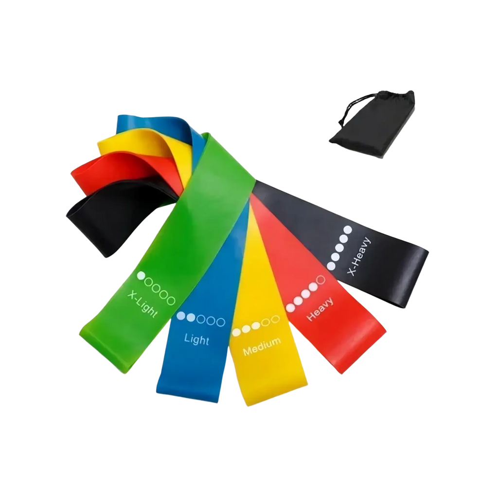 Set of five colorful gradient resistance bands in various weights with a black drawstring storage bag for workout use