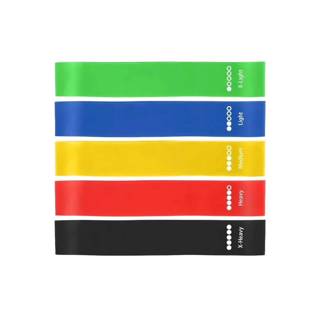 Set of five colorful gradient resistance bands in green blue yellow red and black for workout and fitness training