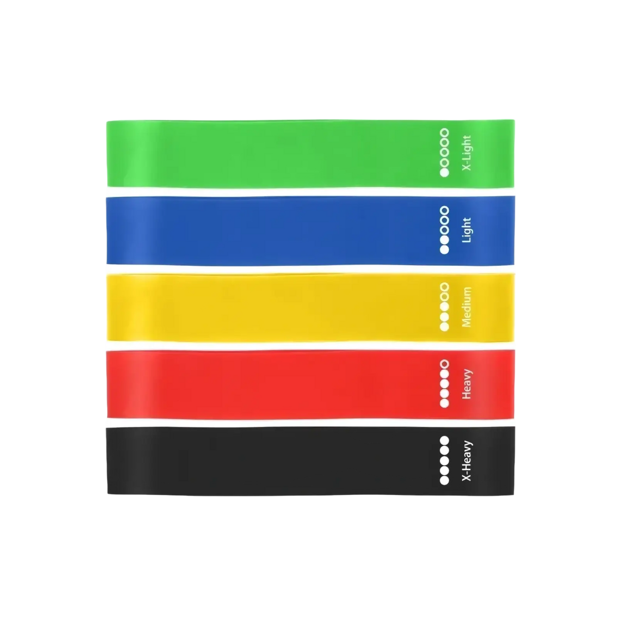 Set of five colorful gradient resistance bands in green blue yellow red and black for workout and fitness training