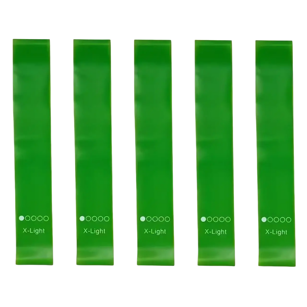 Five green gradient resistance bands set made of smooth elastic rubber for workout and fitness training