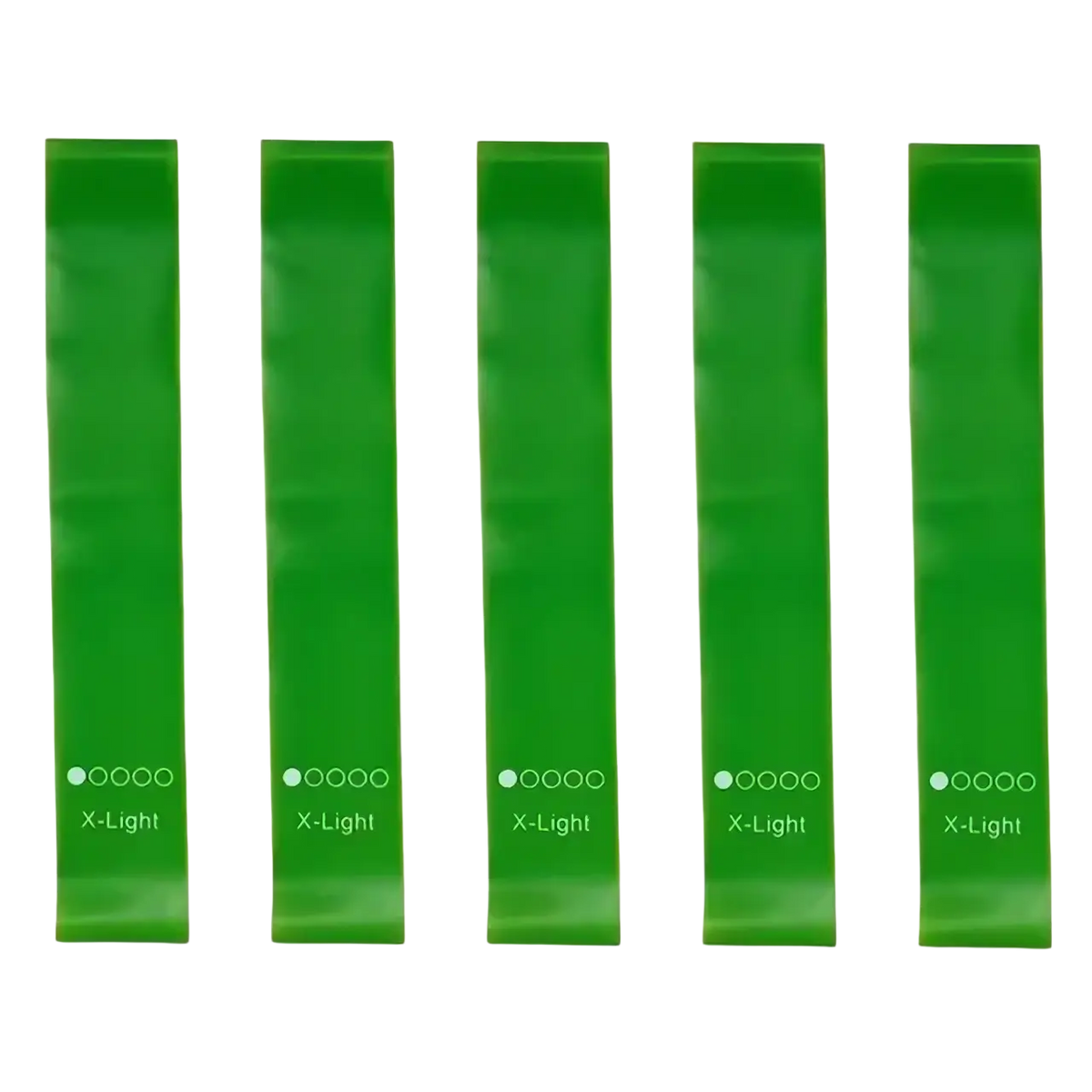 Five green gradient resistance bands set made of smooth elastic rubber for workout and fitness training