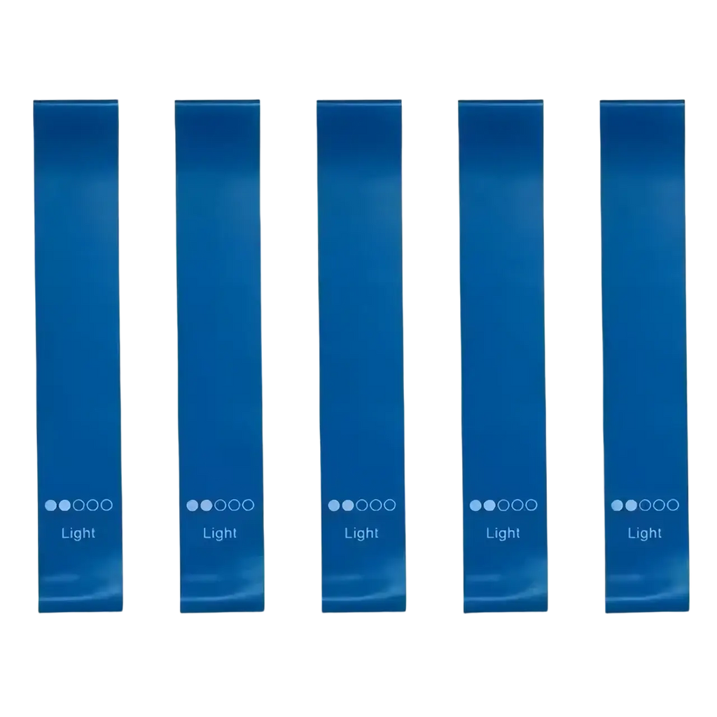 Set of five light blue gradient resistance bands for workout each labeled light with four dots indicating resistance level