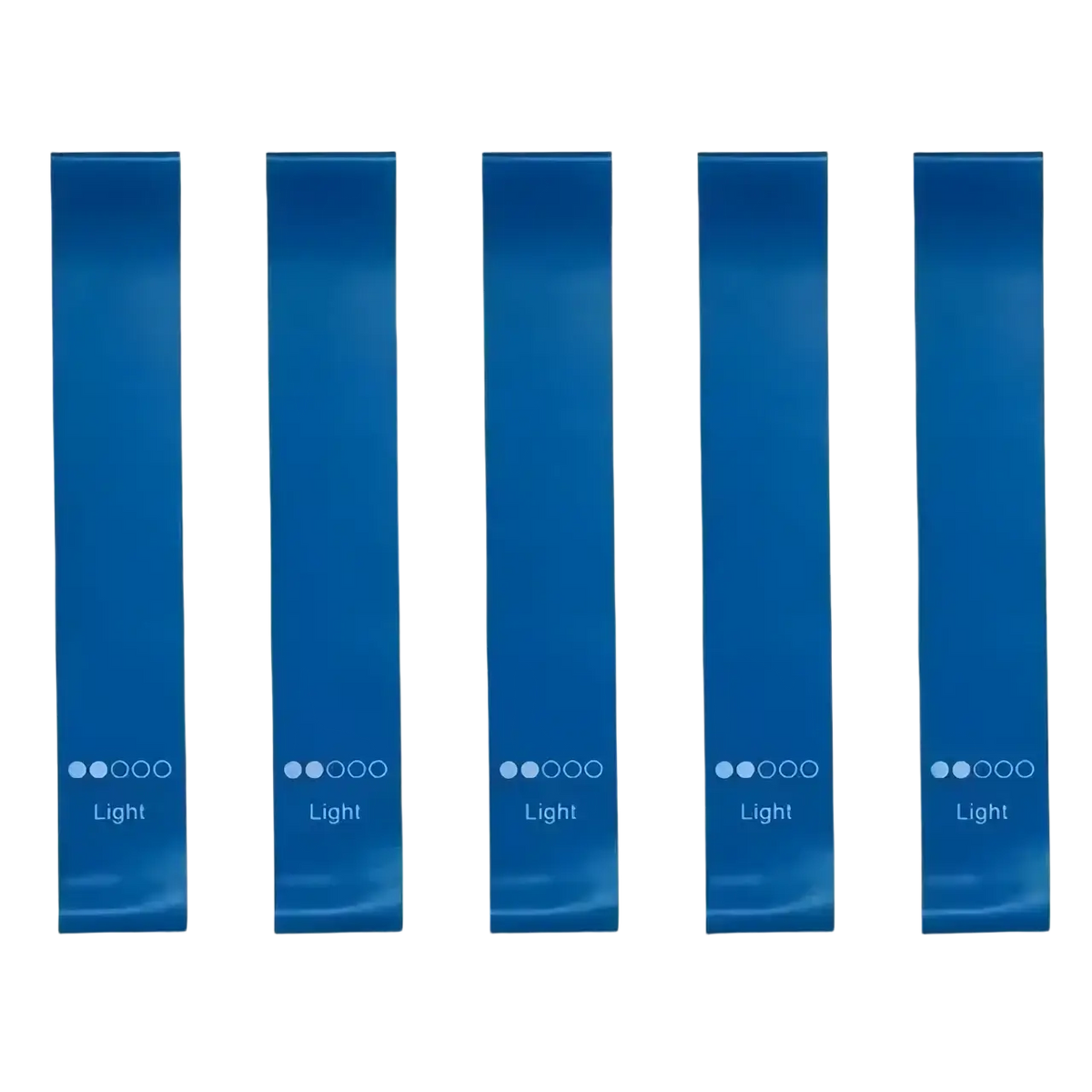 Set of five light blue gradient resistance bands for workout each labeled light with four dots indicating resistance level
