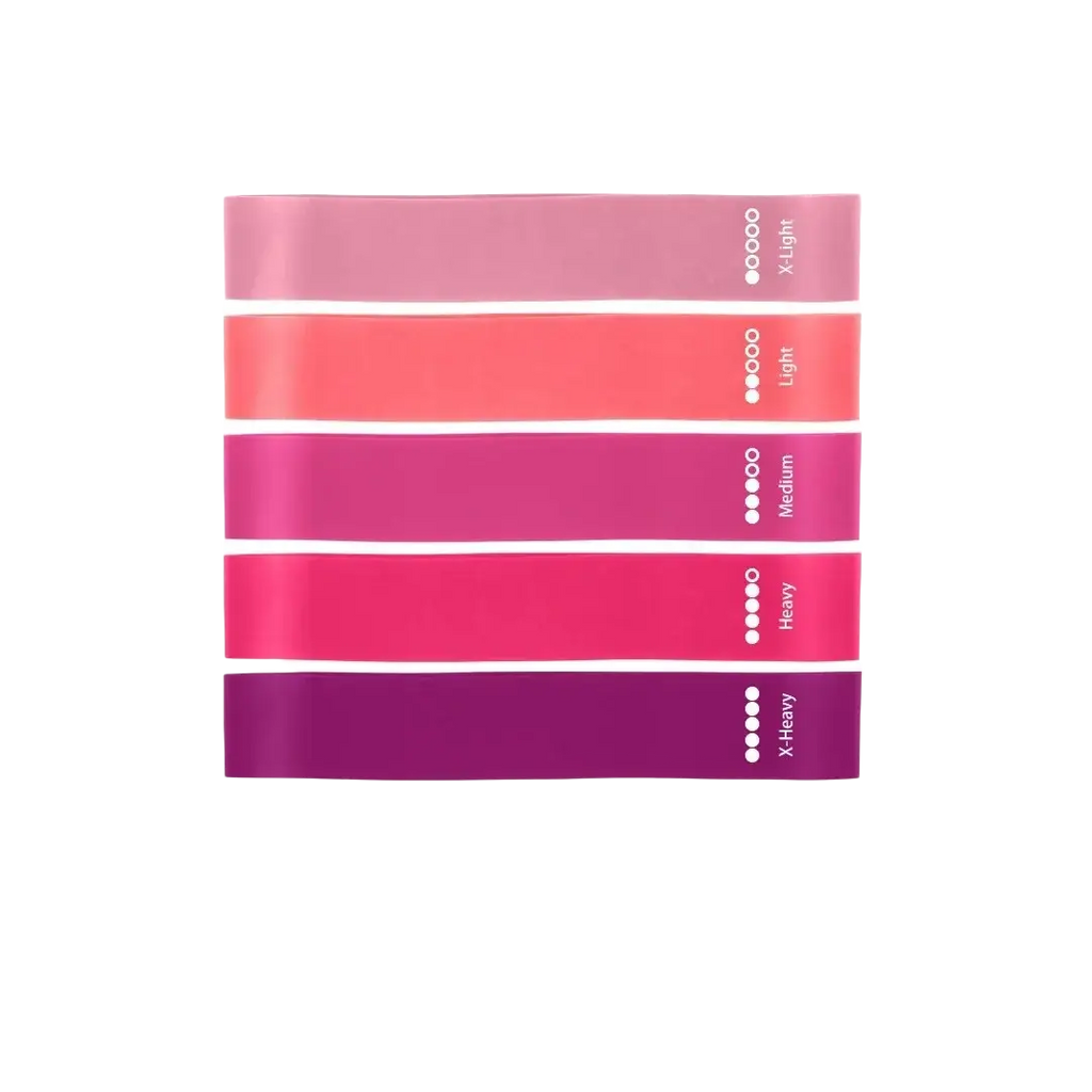 Set of five pink to purple gradient elastic resistance bands labeled with weight levels for workout use