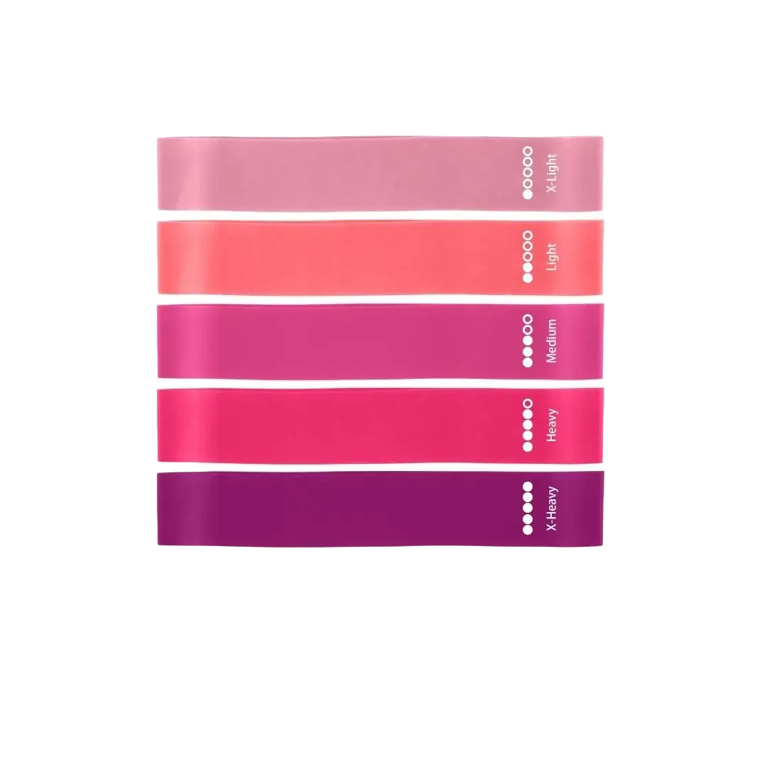 Set of five pink to purple gradient elastic resistance bands labeled with weight levels for workout use