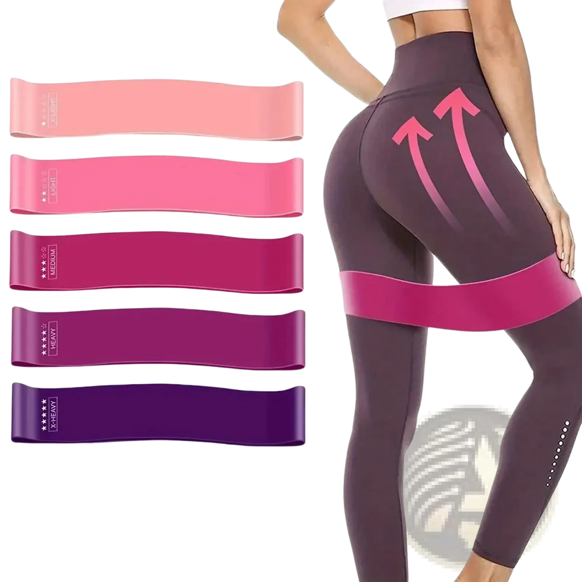 Set of five gradient pink to purple resistance bands with star ratings for light medium and heavy workout levels