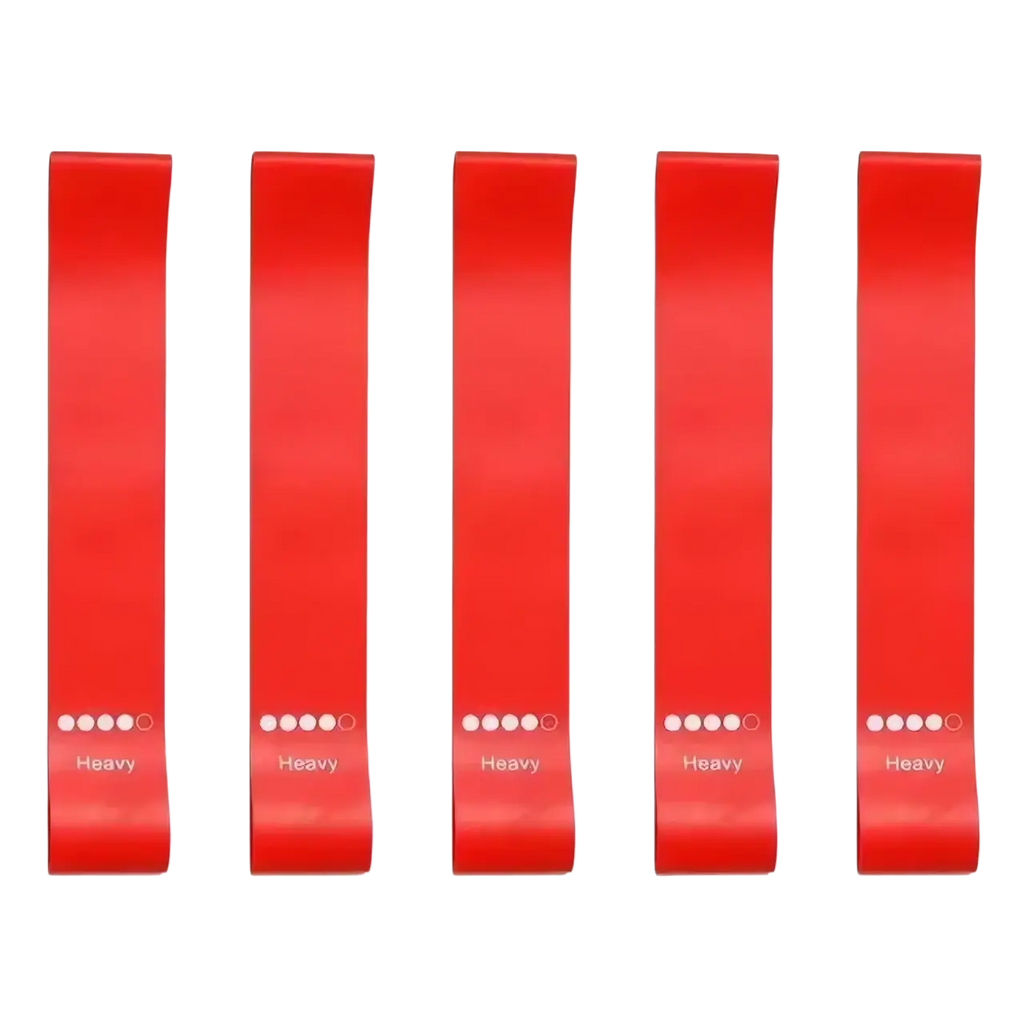 Set of five vibrant red heavy-duty gradient resistance bands marked with heavy and dotted strength indicators for workout