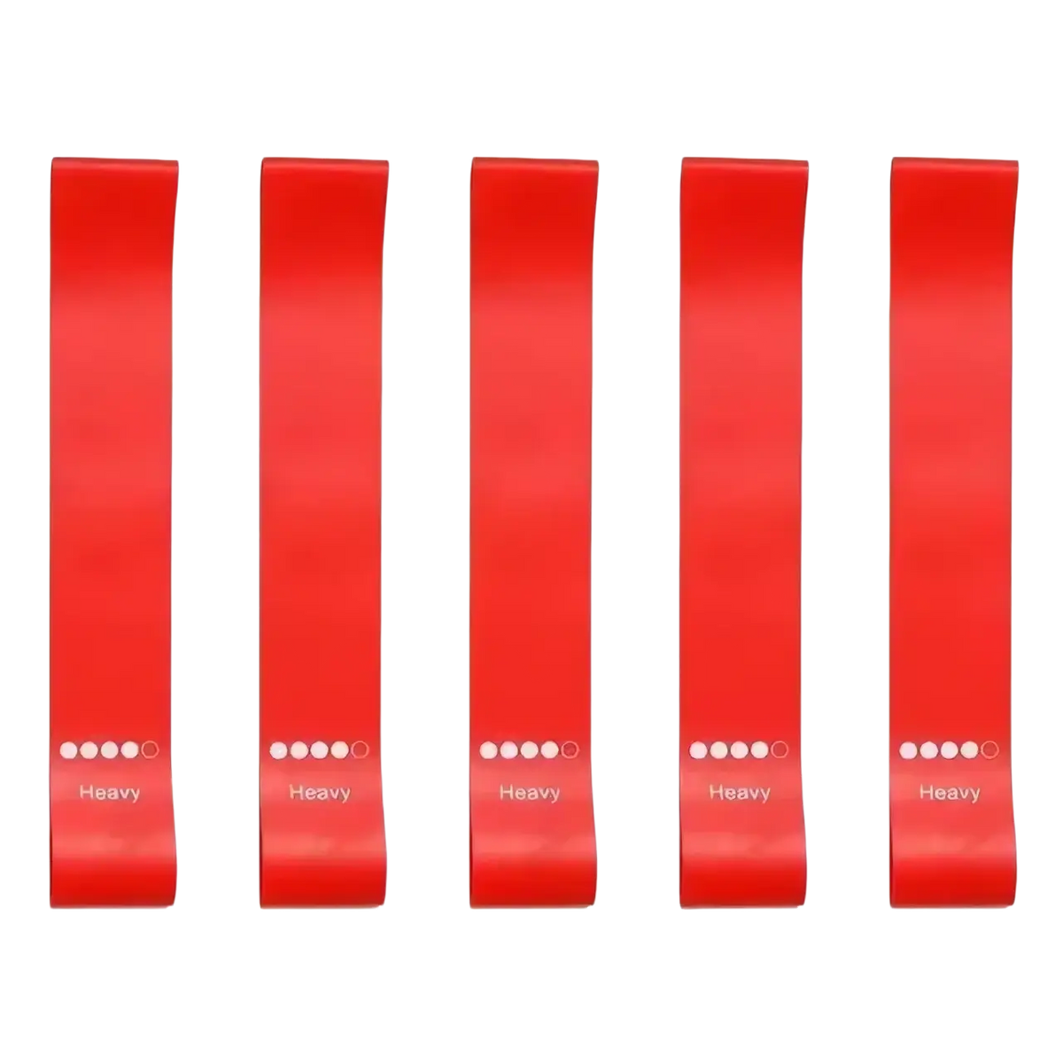 Set of five vibrant red heavy-duty gradient resistance bands marked with heavy and dotted strength indicators for workout