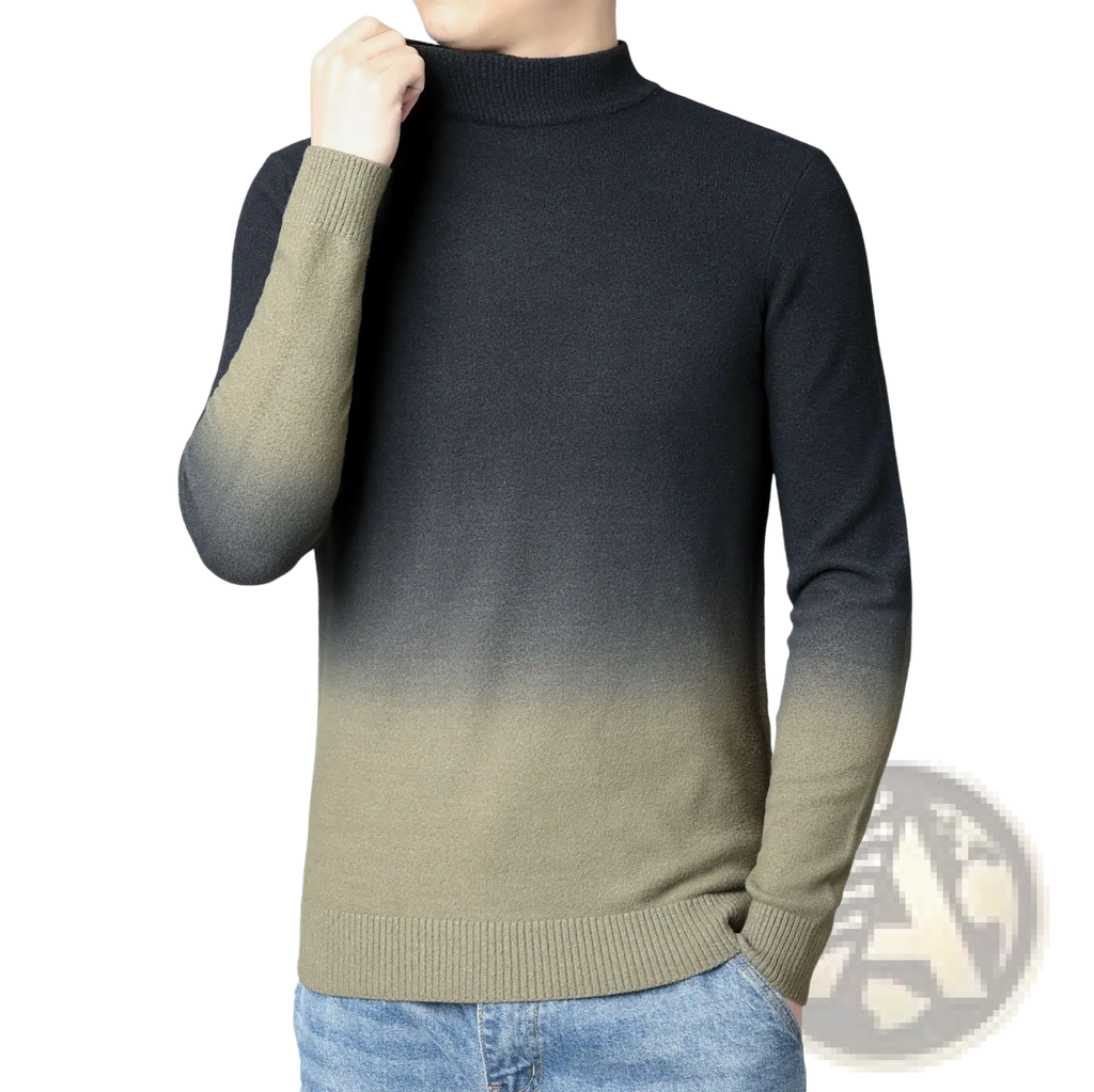 Black and olive green gradient fleece lined turtleneck sweater for men with ribbed cuffs and hem