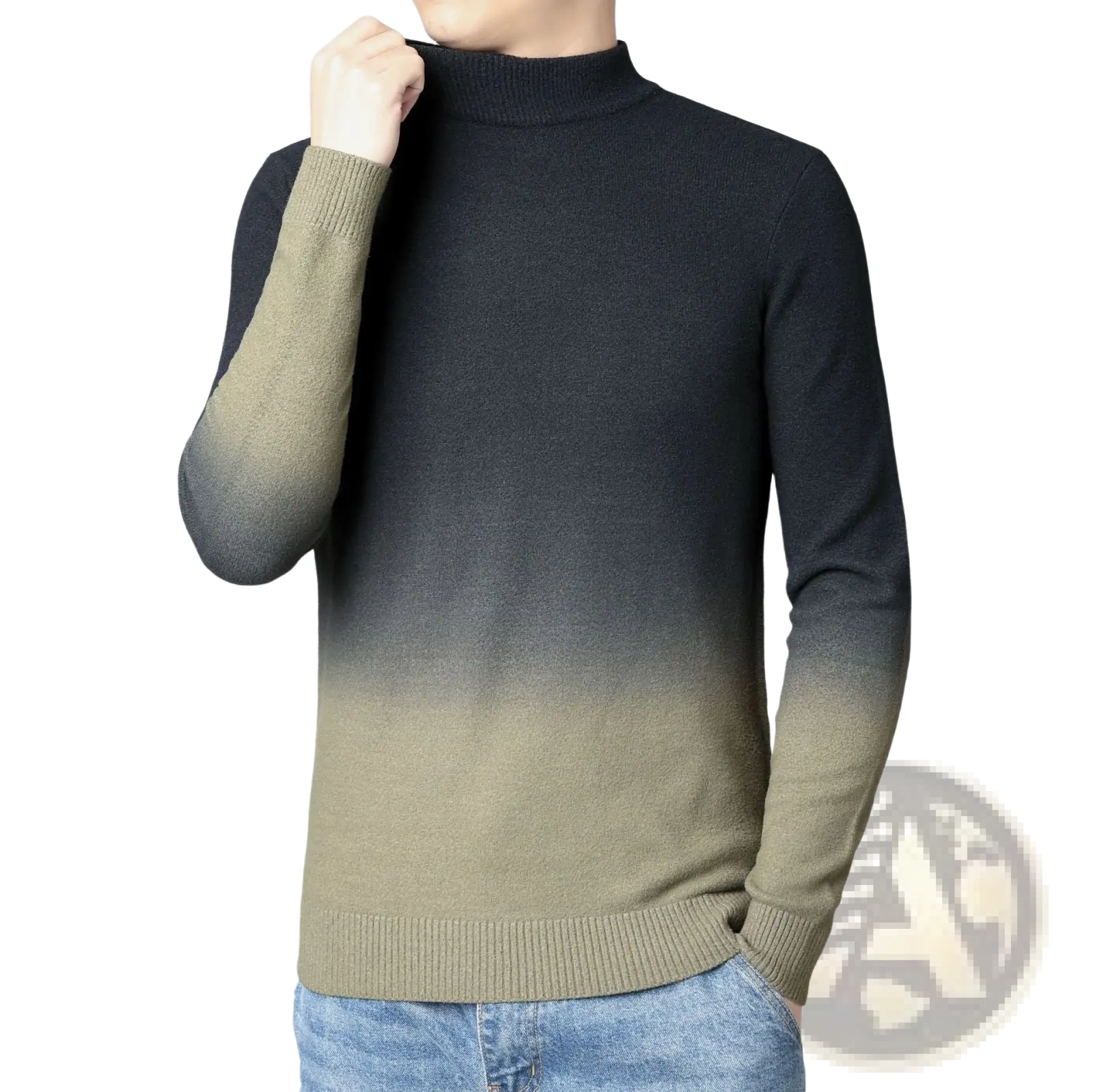 Black and olive green gradient fleece lined turtleneck sweater for men with ribbed cuffs and hem