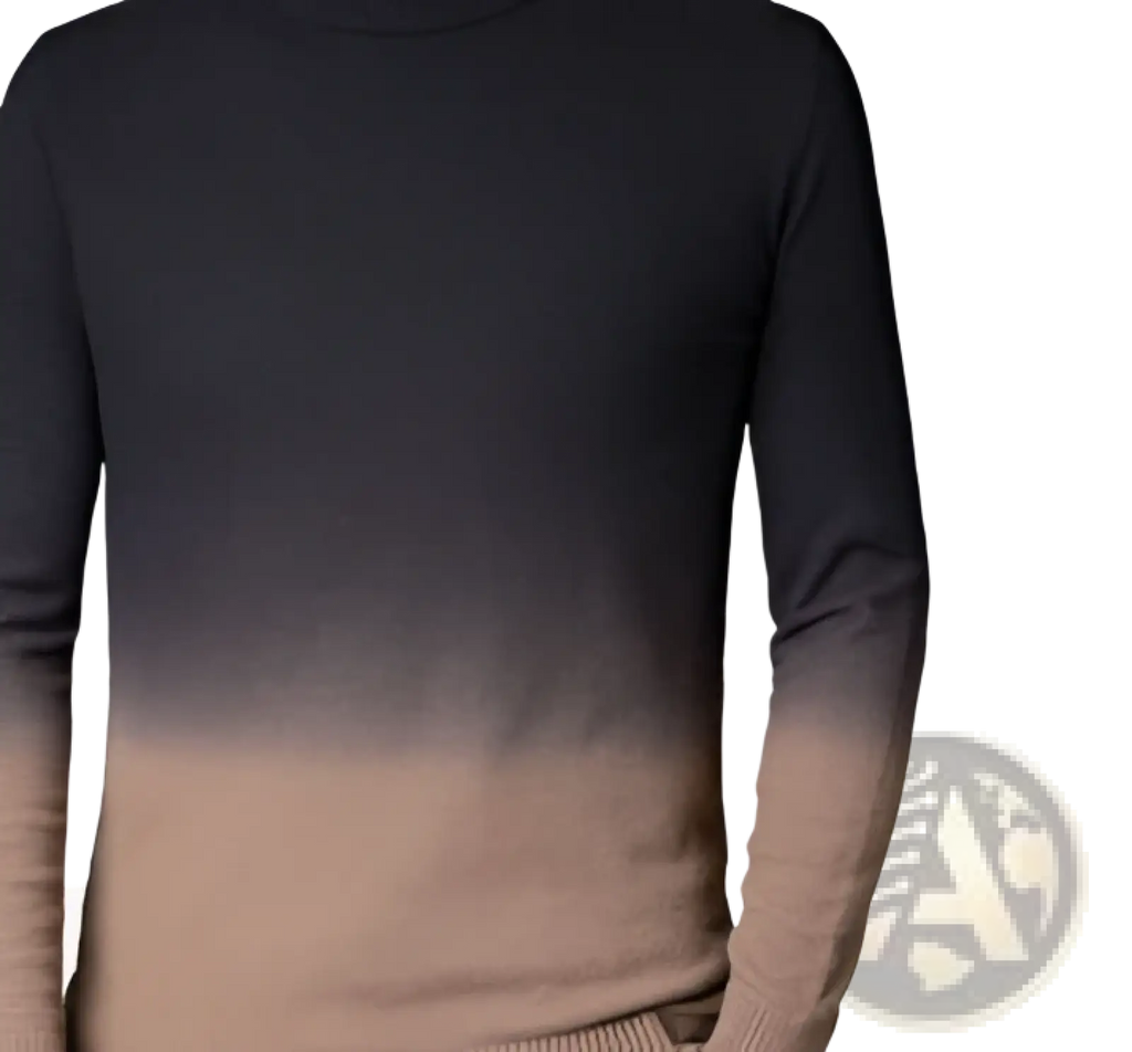 Black to beige gradient long-sleeved fleece lined turtleneck sweater for men with warm soft material