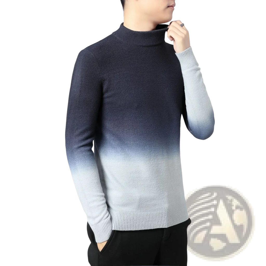 Gradient turtleneck sweater men fleece lined with dark blue to light gray knit and ribbed cuffs and collar