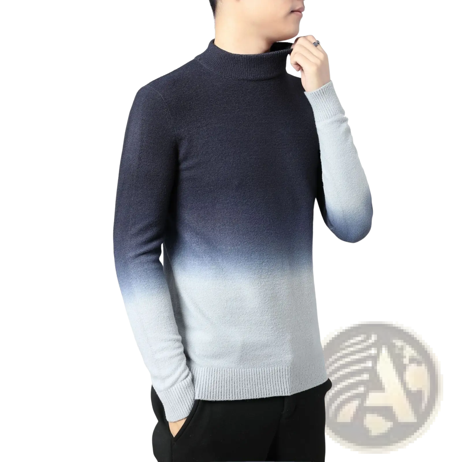 Gradient turtleneck sweater men fleece lined with dark blue to light gray knit and ribbed cuffs and collar