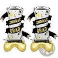 White and gold foil graduation cap balloons with black ribbons stars and congrats grad text in 2-pack set