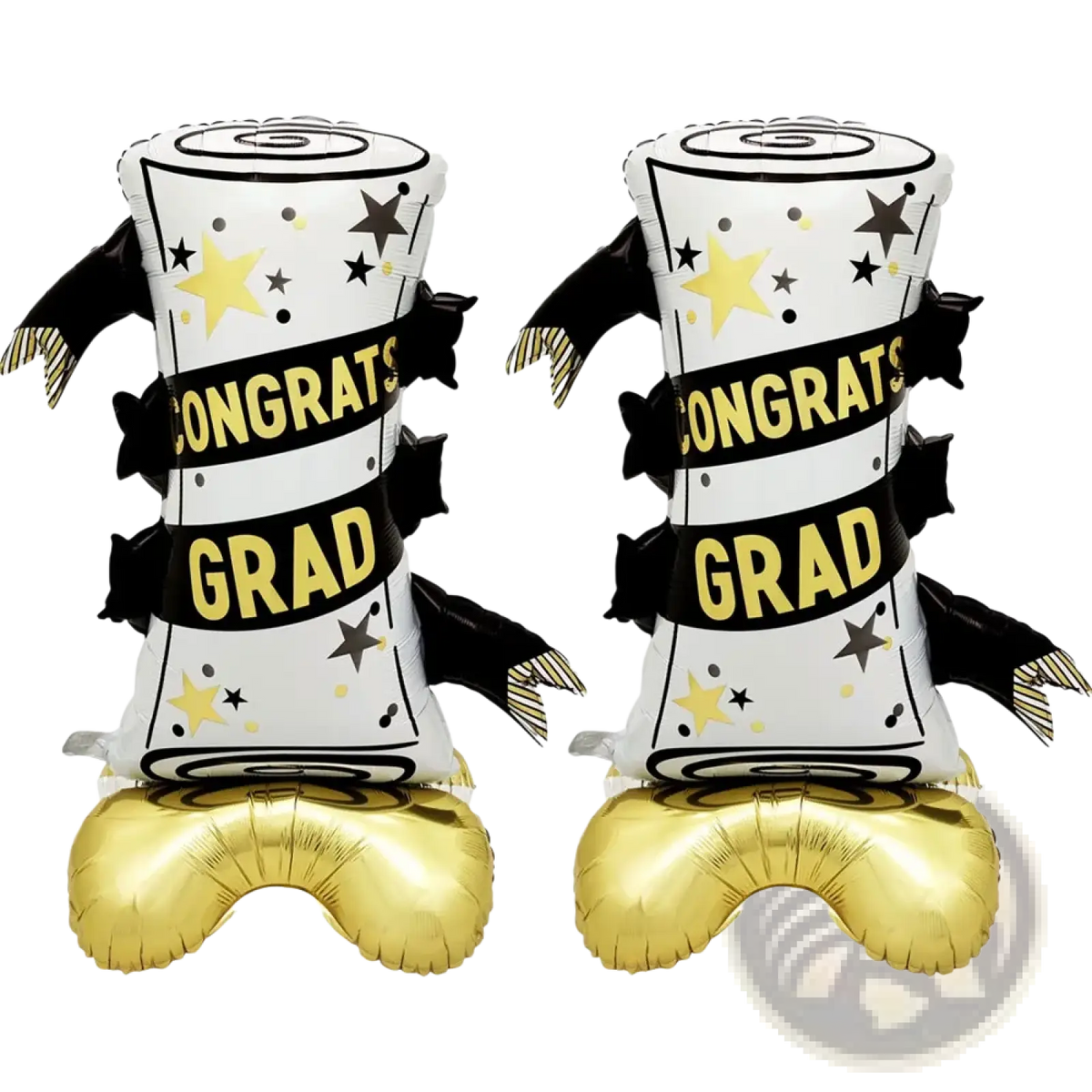 White and gold foil graduation cap balloons with black ribbons stars and congrats grad text in 2-pack set