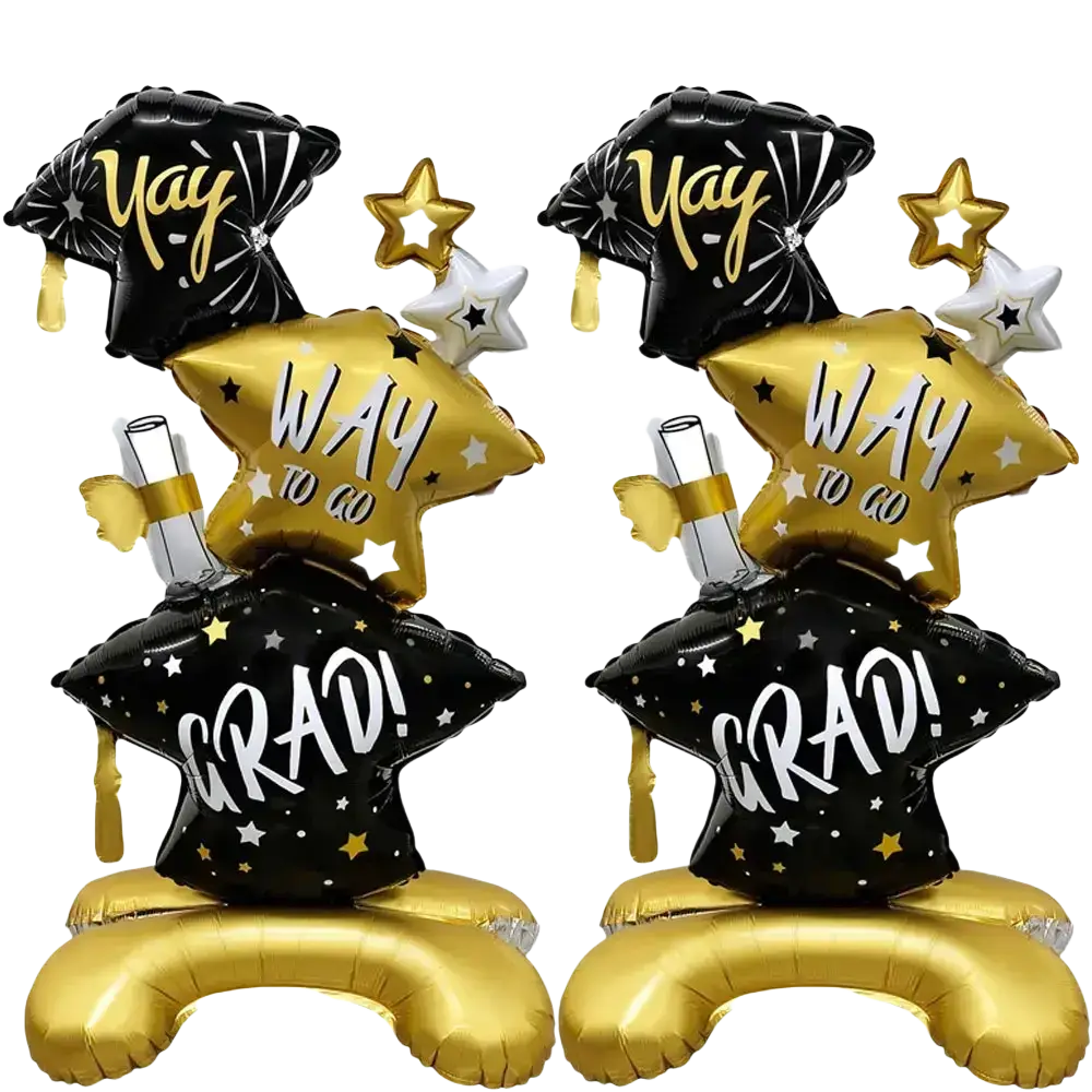 Black and gold foil graduation balloon set 2-pack with cap, diploma, stars, and way to go grad lettering centerpiece