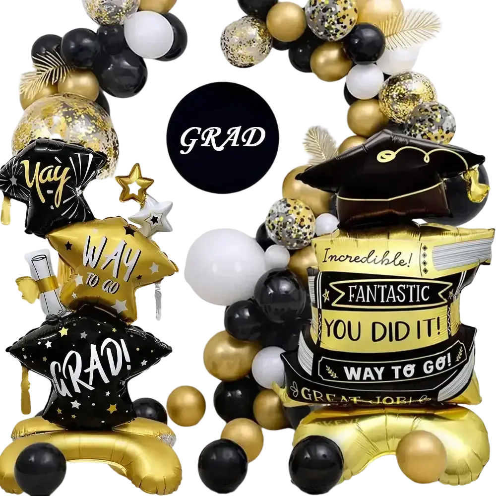 Black and gold graduation balloon set with metallic foil balloons star shapes and book design for party decor