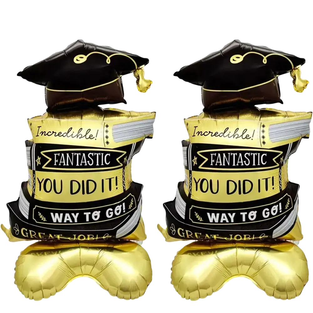 Black and gold graduation-themed foil balloon set with cap, book, and diploma shapes for celebratory decor