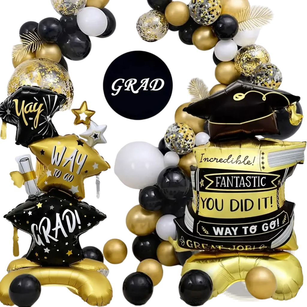 Graduation balloon set 2-pack foil decor featuring black and gold foil balloons with celebratory grad and way to go messages