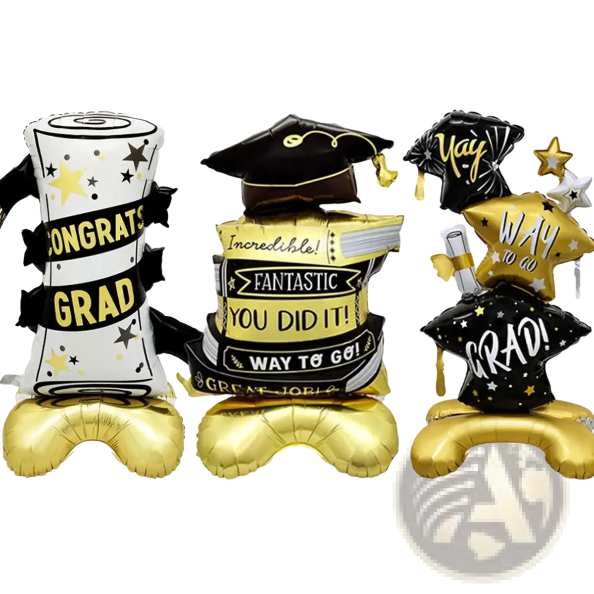 Graduation balloon set 2-pack foil decor featuring black and gold caps diplomas stars and celebratory messages