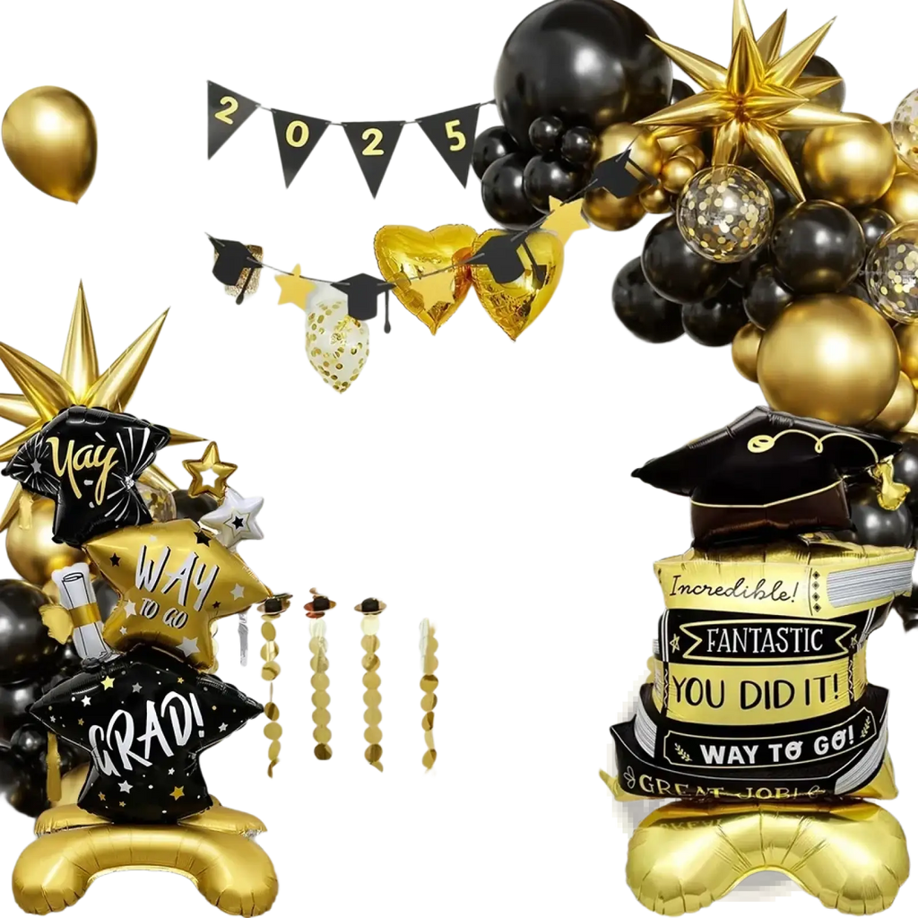 Graduation balloon set 2-pack foil decor in gold and black with star, heart, and cap-and-gown designs