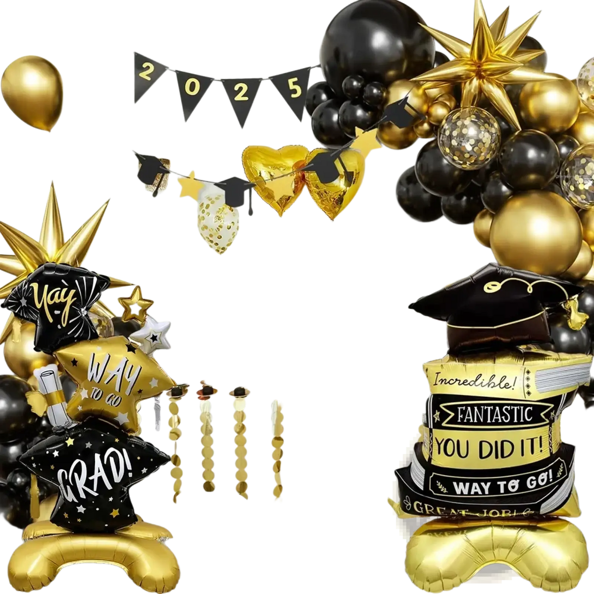 Graduation balloon set 2-pack foil decor in gold and black with star, heart, and cap-and-gown designs
