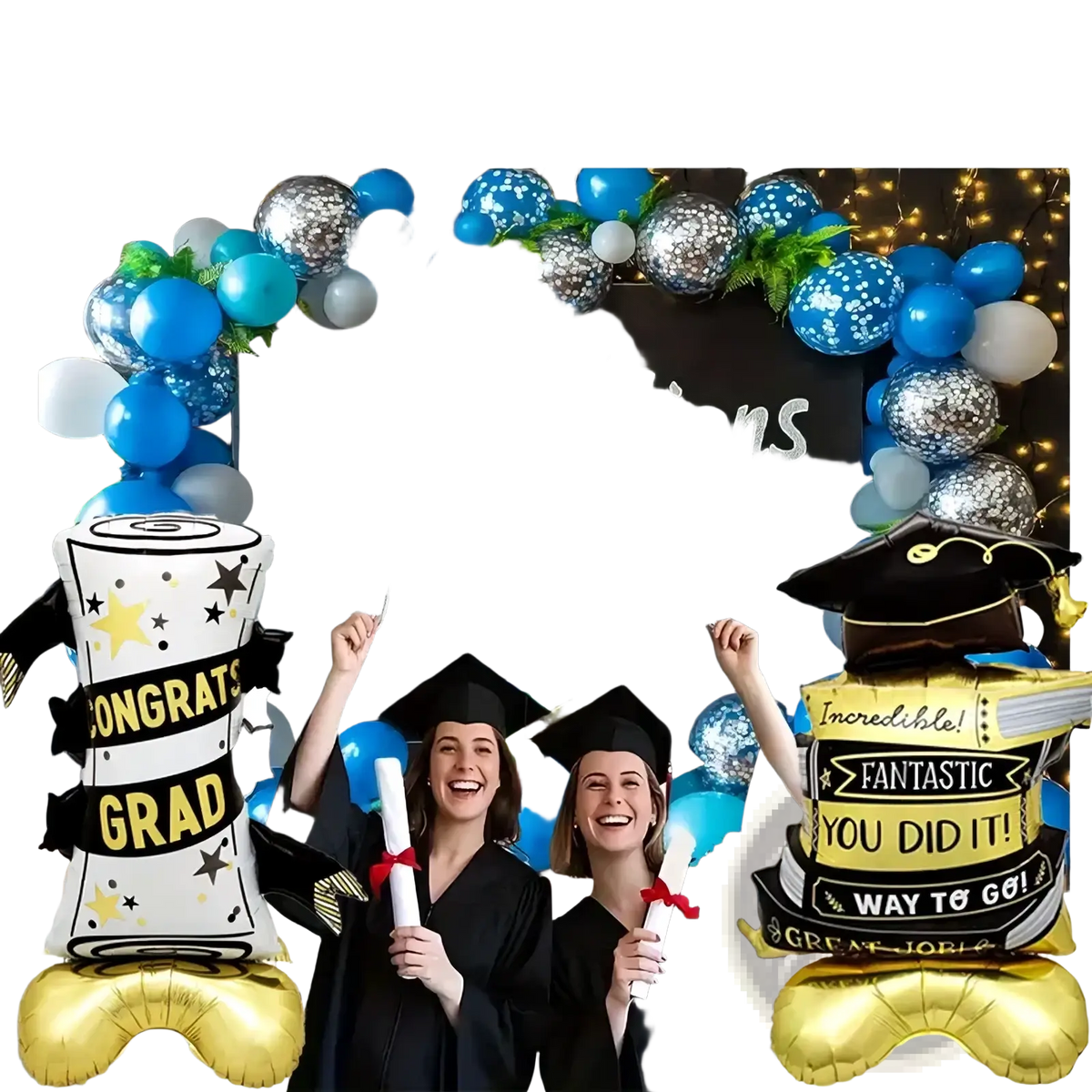 Graduation balloon set 2-pack foil decor featuring congratulations graduates in silver glitter with blue white metallic balloons