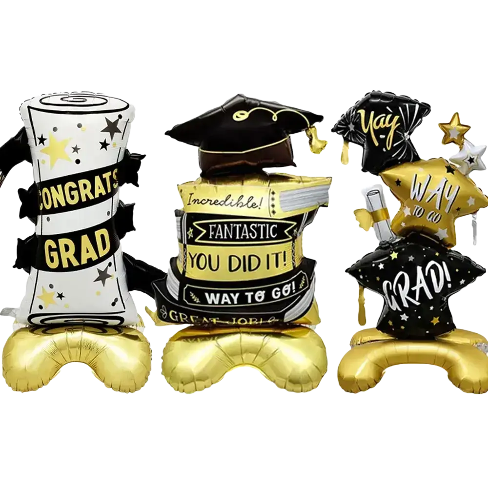 Graduation balloon set 2-pack foil decor with black gold and white balloons featuring star patterns and celebratory messages