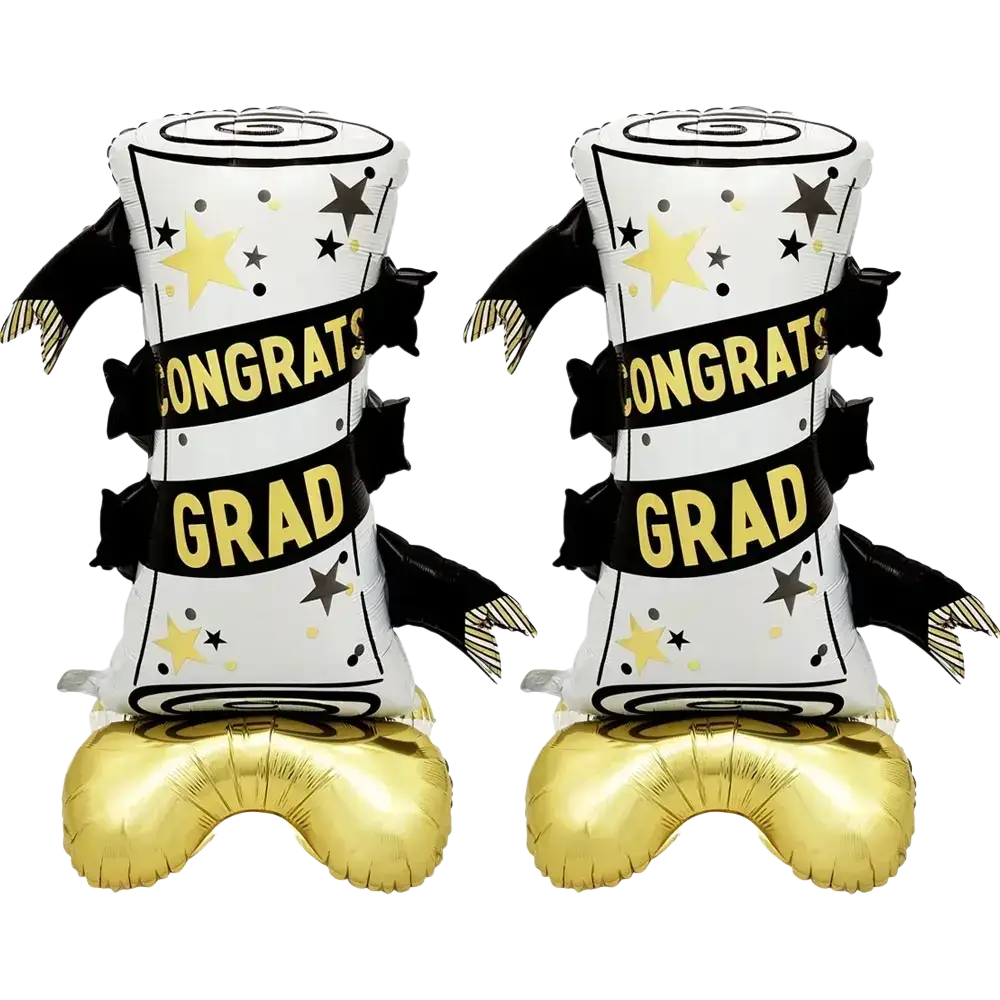 Graduation balloon set 2-pack with white and gold foil inflatable confetti cannons featuring black star accents