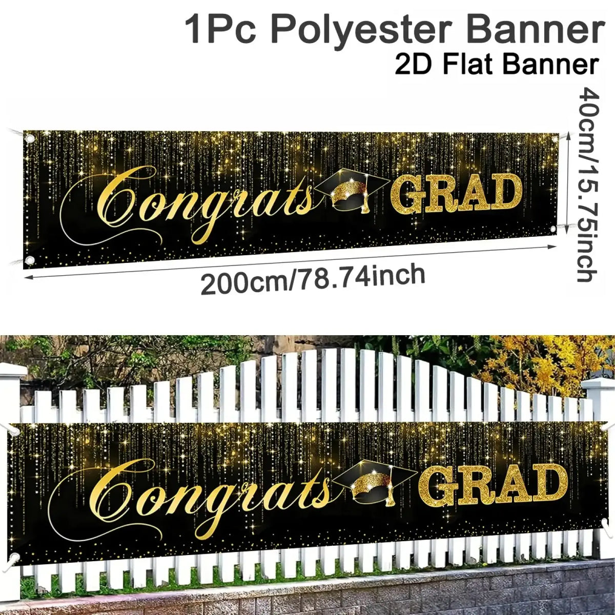 Black and gold congrats grad polyester graduation banner with glittering star design for class of 2026 party supplies