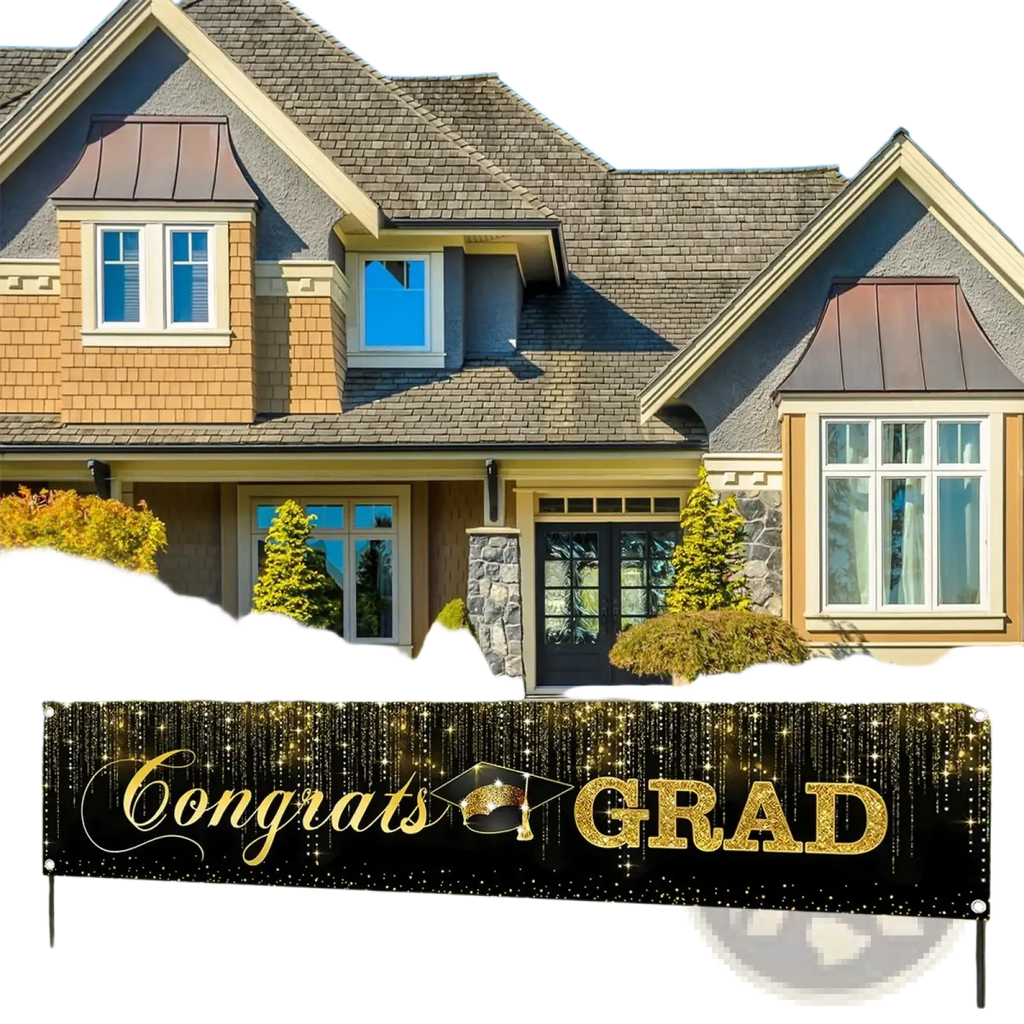 Graduation banner class of 2026 party supplies black with gold glitter congrats grad text and gold graduation cap with stars