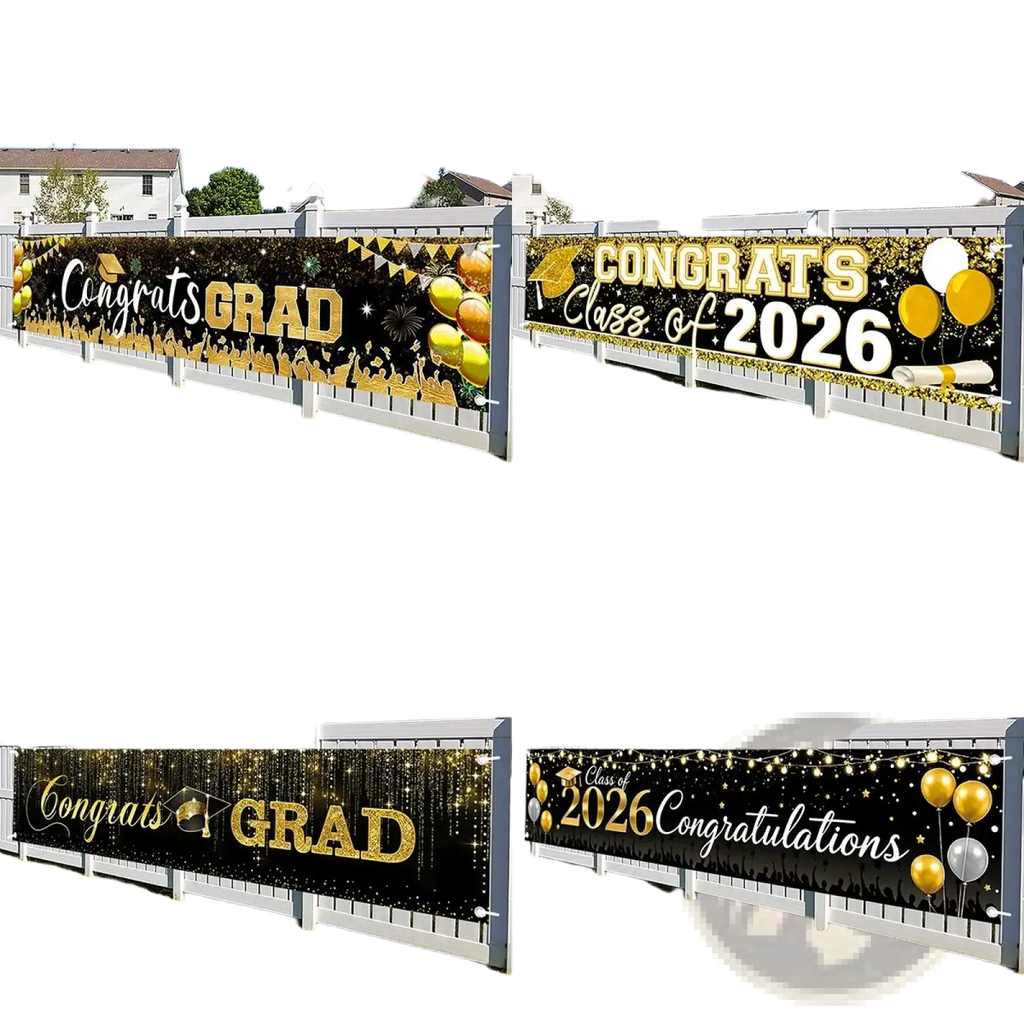 Black and gold graduation banner with glittery text balloons and confetti for class of 2026 party supplies