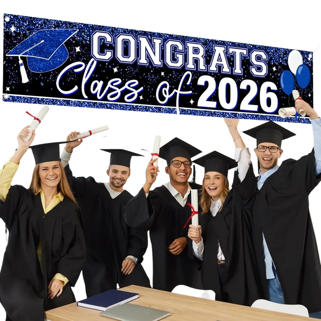 Blue glittery graduation banner with congrats class of 2026 text, cap, and balloons design for party supplies