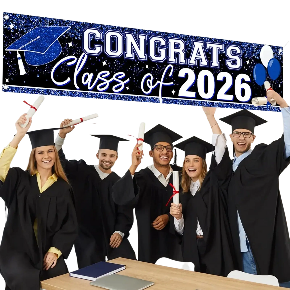 Blue glittery graduation banner with congrats class of 2026 text, cap, and balloons design for party supplies
